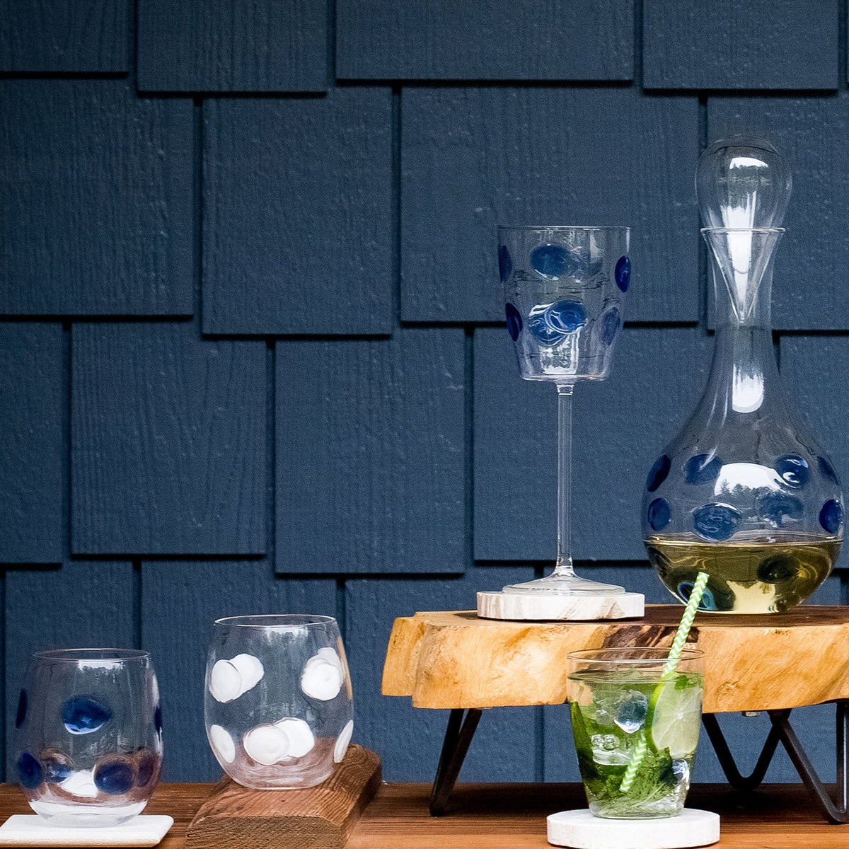 Vietri Drop Stemless Wine Glass - White Dot