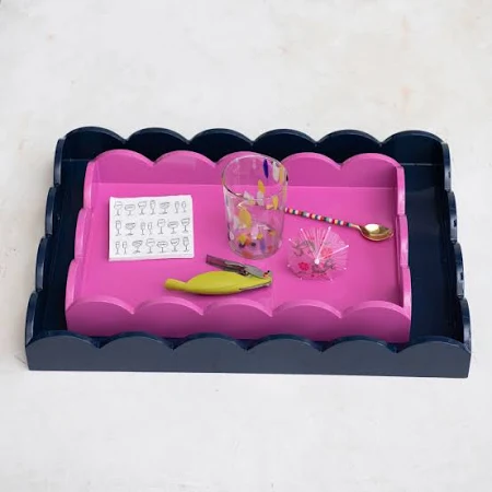 Navy Lacquered Scalloped Tray w/ Handles, 20 x 14