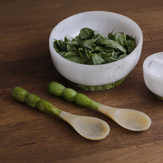Large White Bowl with Green Pedestal Base