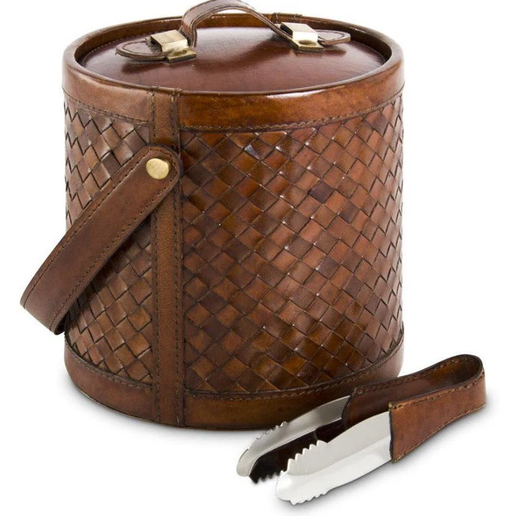 Brown Leather Basket Weave Ice Bucket