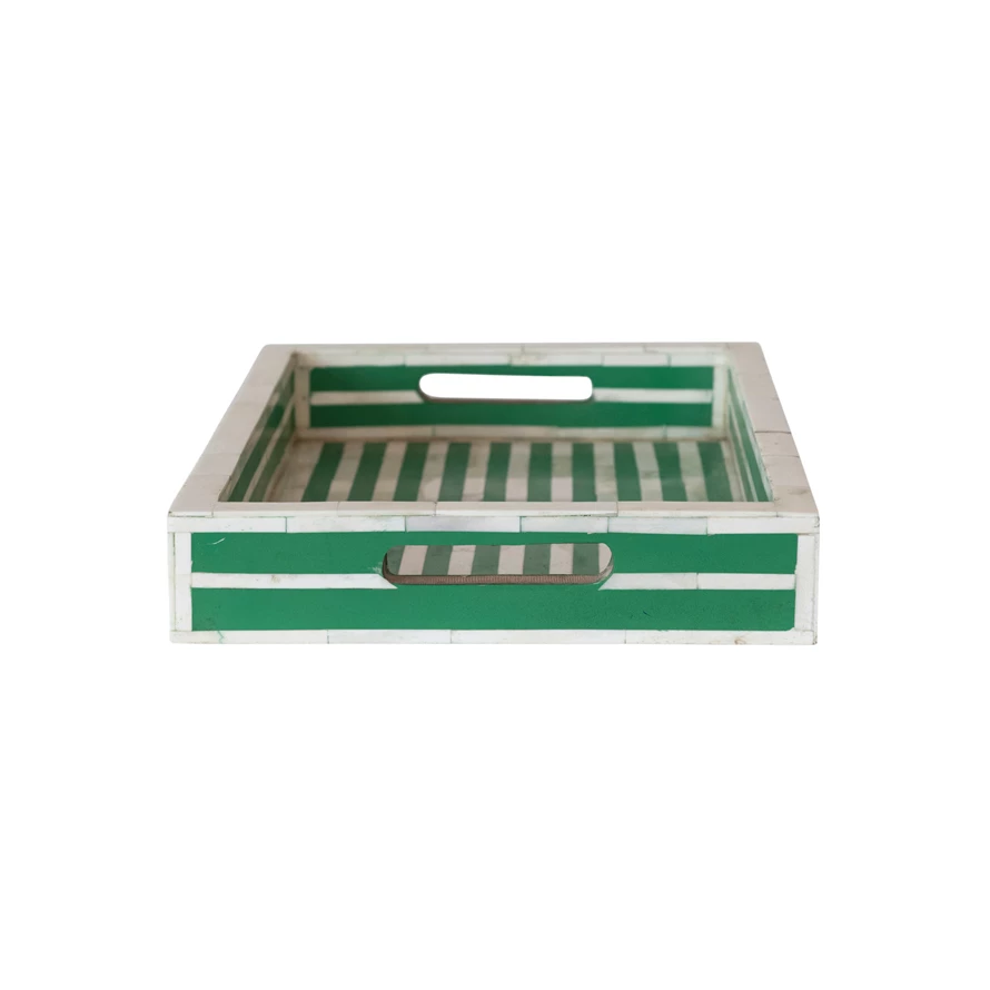 18" Decorative Inlayed Bone & Resin Tray w/ Handles (Green)