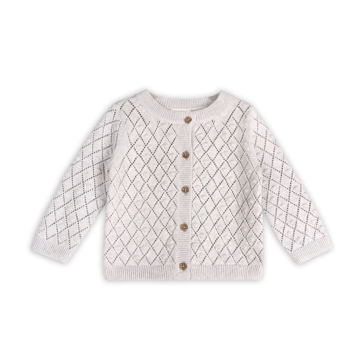 Dobby Pointelle Sweater Knit Cardigan, Pearl Grey. Sweater Shown in 6 to 12 months. Call for available Sizes, 303-744-7464