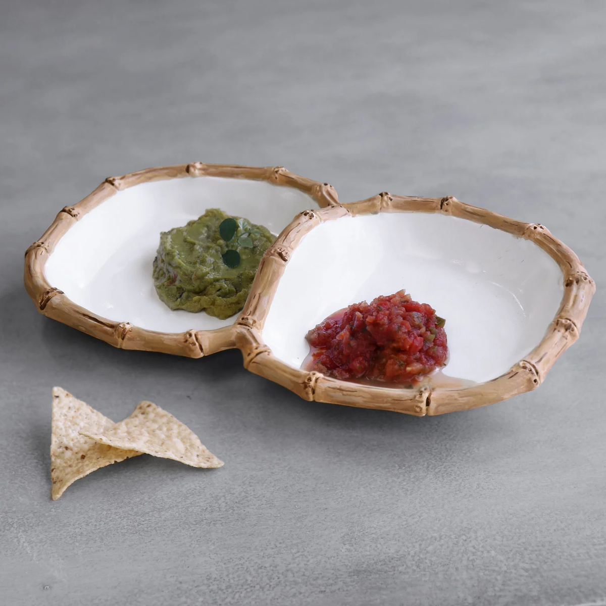 Melamine Bamboo Double Dip, White and Natural