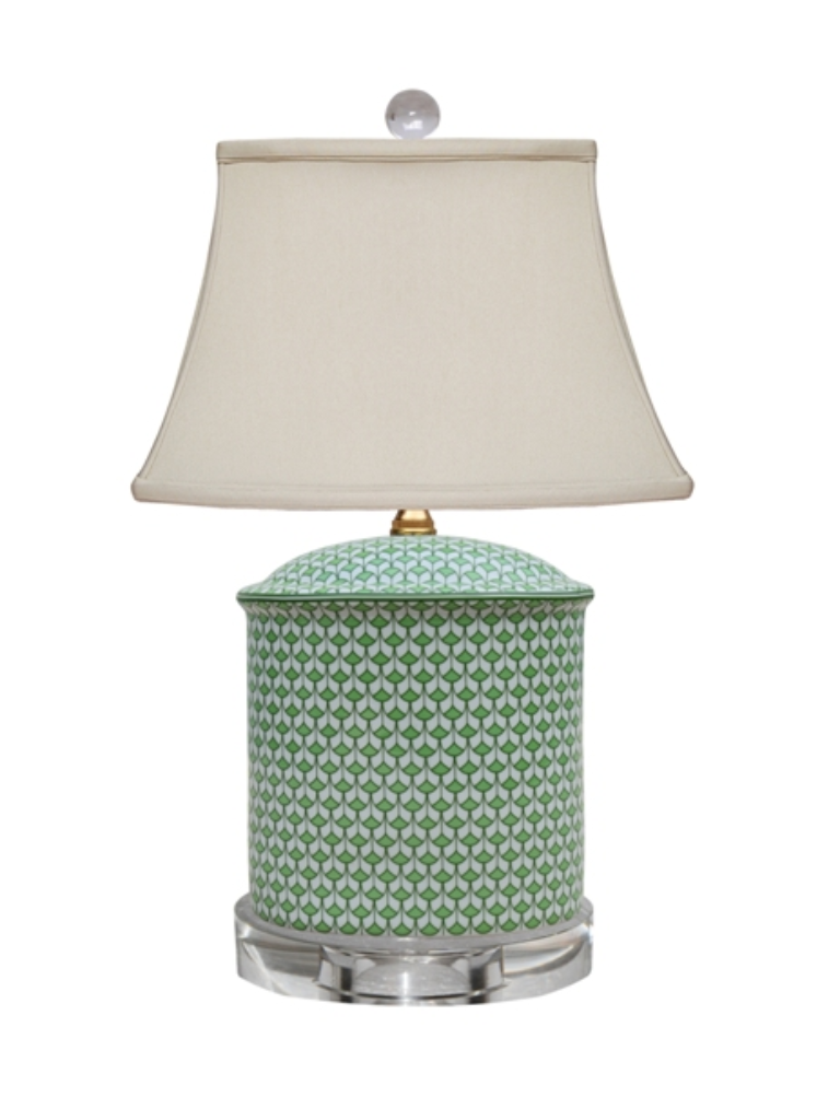 Green and White Fish Scales Oval Jar Lamp, Crystal Base