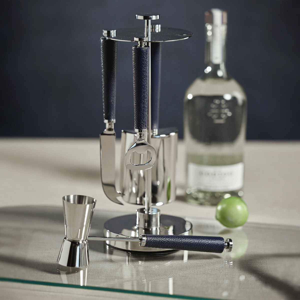 Navy Leather Bar Tool Set