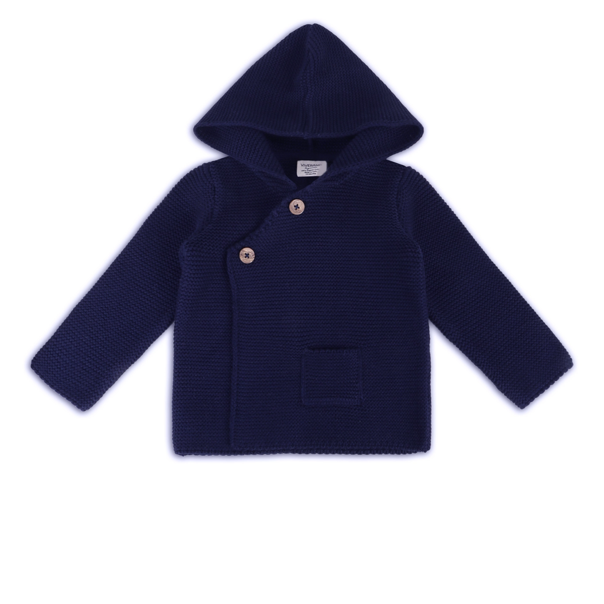 Navy Hooded Button Baby Knit Jacket, Organic Cotton this Sweater Shown in 6 to 12 months.

Call for available Sizes, 303-744-7464
