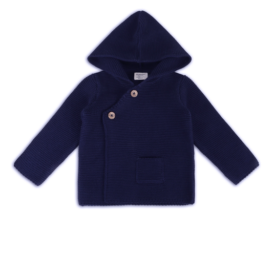 Navy Hooded Button Baby Knit Jacket, Organic Cotton this Sweater Shown in 6 to 12 months.

Call for available Sizes, 303-744-7464