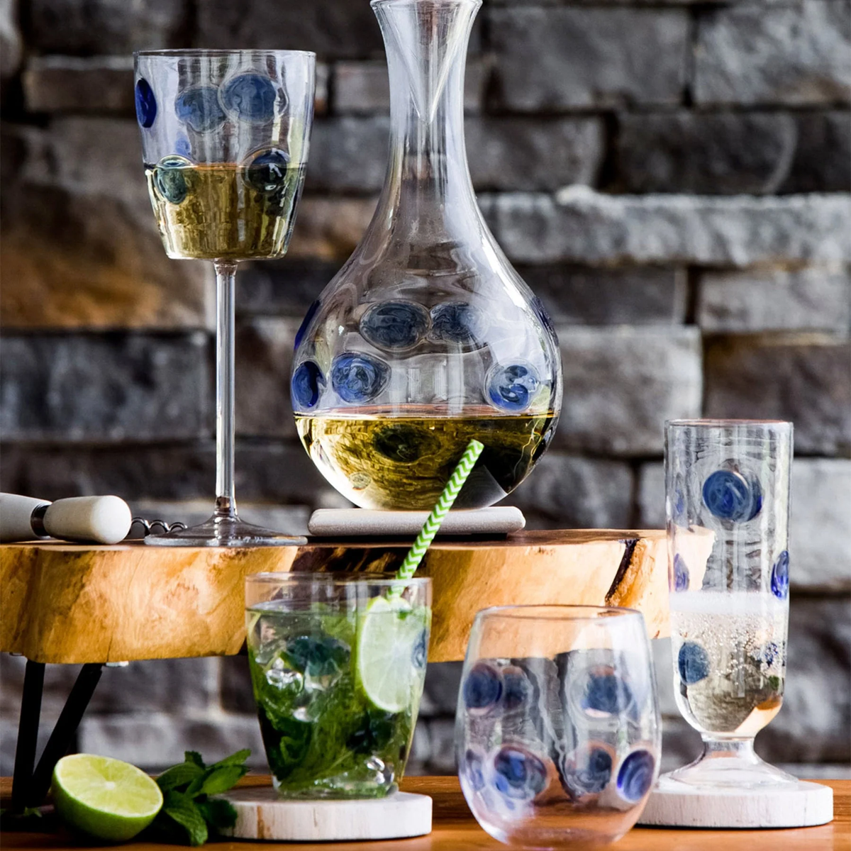 Vietri Drop Champagne Glass Blue Dot
