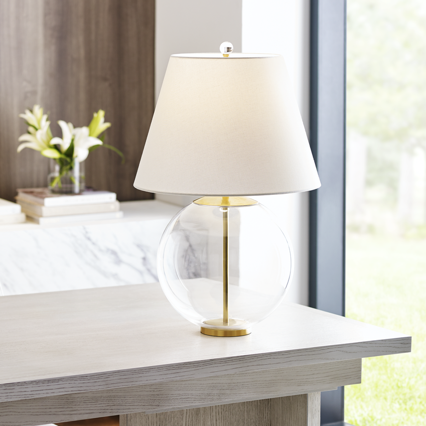 Morton Table Lamp in Clear Glass 24.5 " H comes with Linen Shade 16.5" D