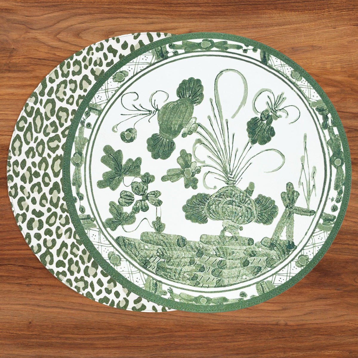 Faenza Green & White Cheetah Reversible Round Placemats, Set of 4