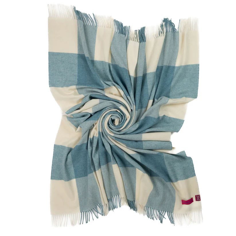 Southampton Herringbone Merino Wool Color Block Throw - Sky Blue & White 55x72