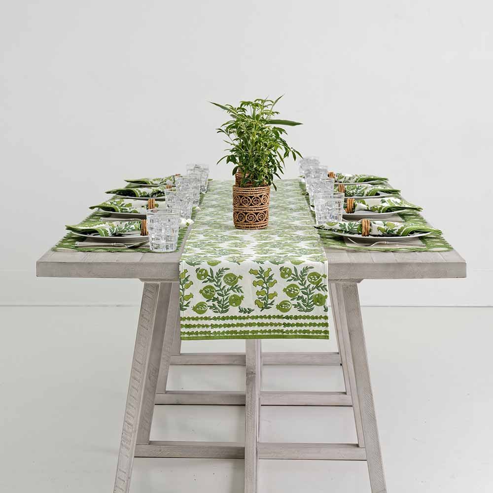Pom Bells Green Table Runner Cotton, 14" x 108"