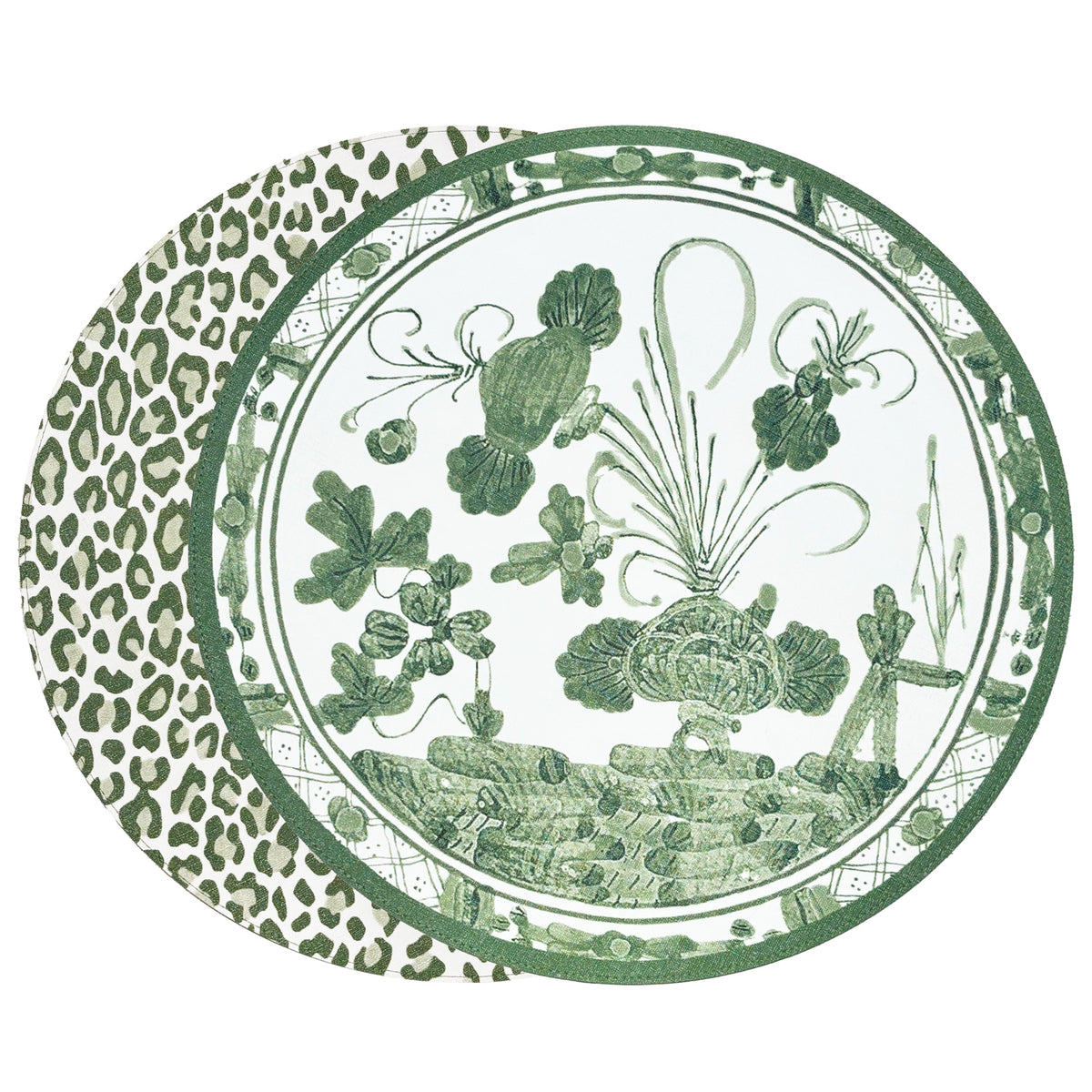 Faenza Green & White Cheetah Reversible Round Placemats, Set of 4