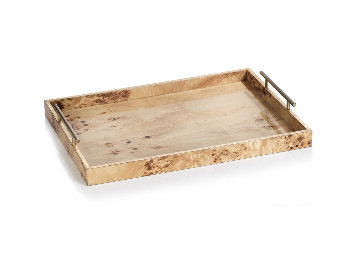 Leiden Burl Wood Rectangular Tray with Gold Handles – 21 in