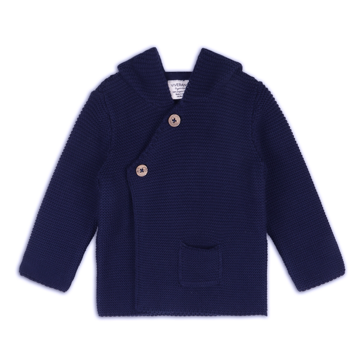 Navy Hooded Button Baby Knit Jacket, Organic Cotton this Sweater Shown in 6 to 12 months.

Call for available Sizes, 303-744-7464