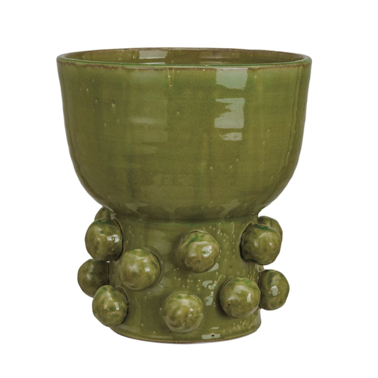 Green Terra Cotta Hobnail Footed Vase, 11"x12"