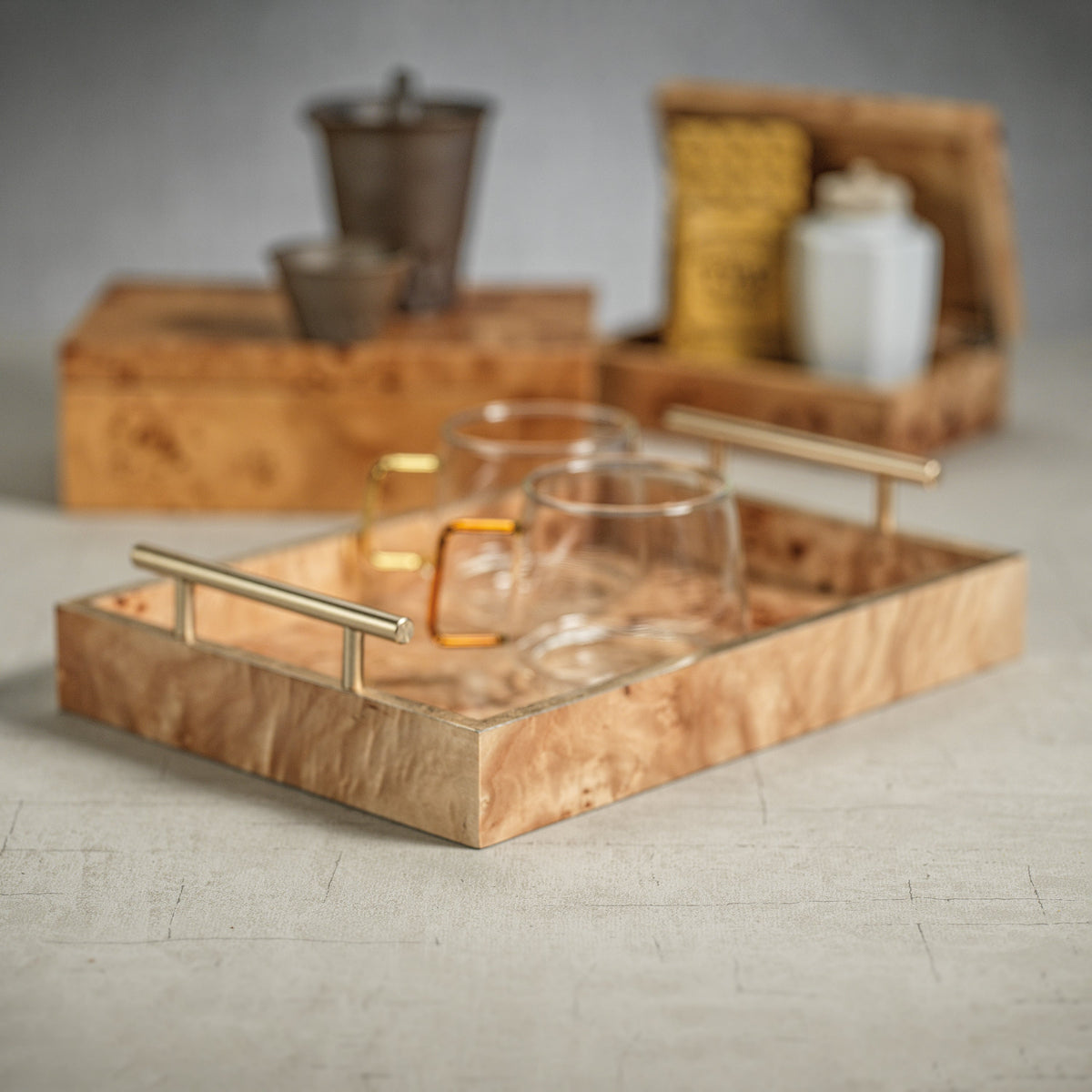 Rectangle Burl Wood Tray w/Gold Handles 13 In x 9.5 In