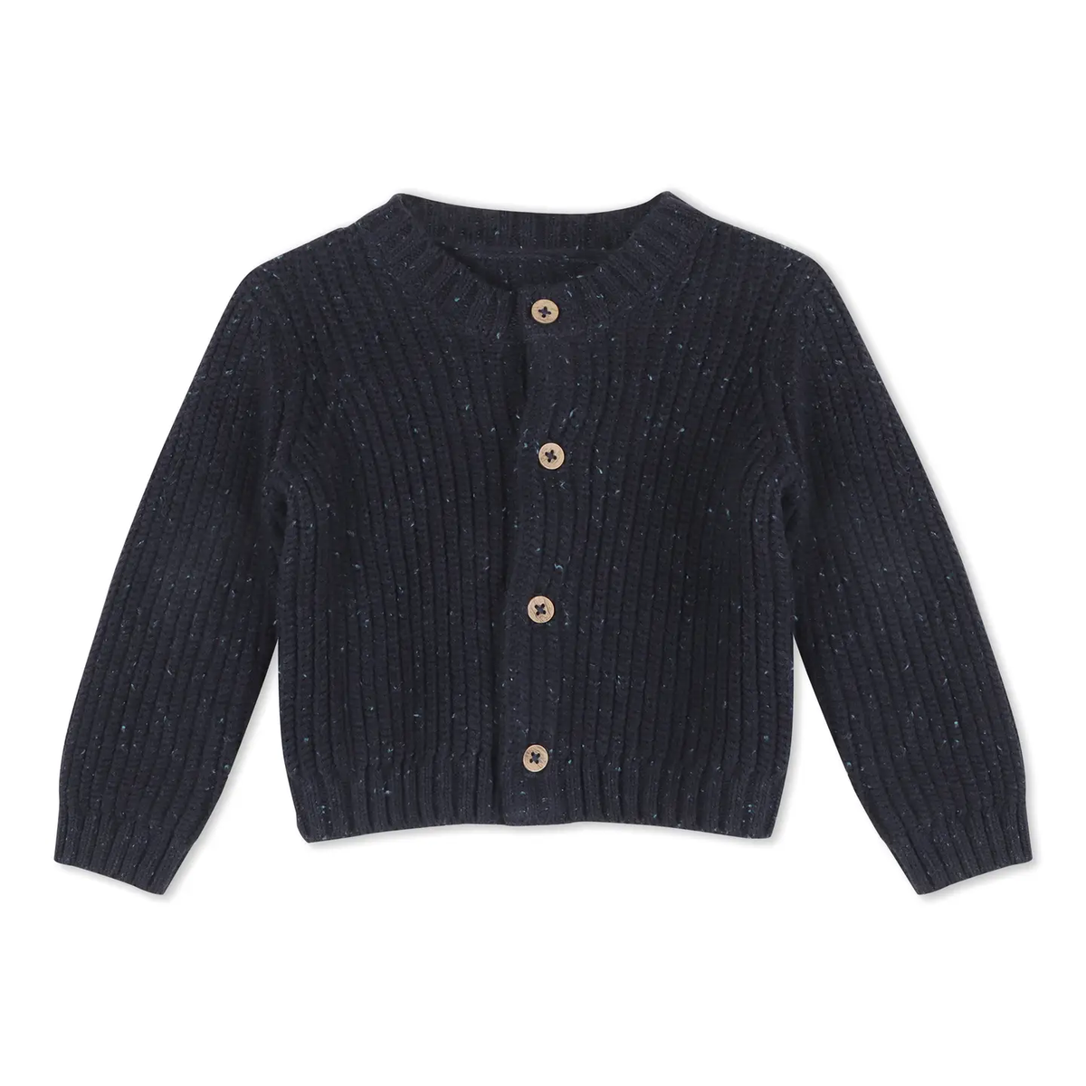 Classic Chunky Knit Baby Sweater Cardigan, Speckled Navy. Sweater Shown in 6 to 12 months. Call for available Sizes, 303-744-7464