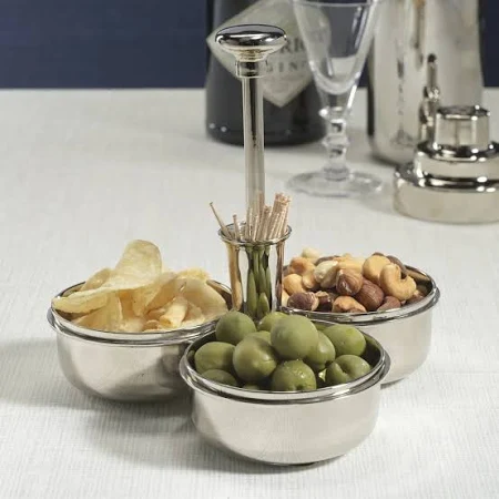 Polished Nickel Condiment Trio with Cocktail Pick Holder