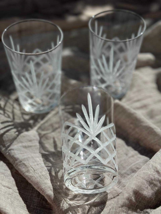 Set of 6 Tea Glasses Carved Frosted White Palm