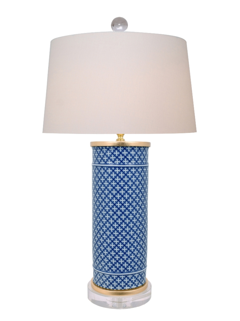 B/W Porcelain Lattice Brush Pot Vase Lamp(Crystal Base & Gold Cap)